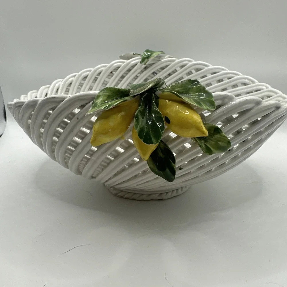 Vintage ItalianCeramic Basket Bowl White Woven Floral Yellow And Purple Green